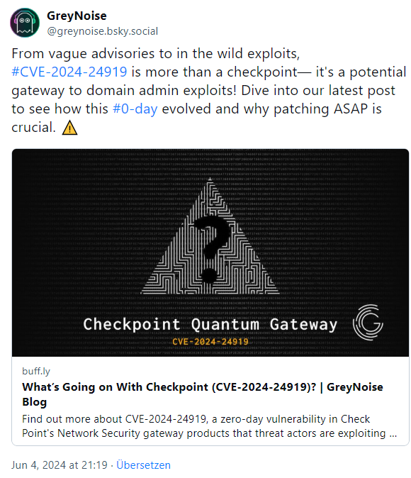  Greynoise-Artikel zu Check Point CVE-2024-24919