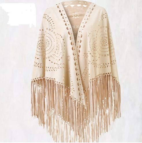 Supplier reference image for Beige Suede Wheat Tassel Triangle Scarf - Autumn Warm Shawl for Women