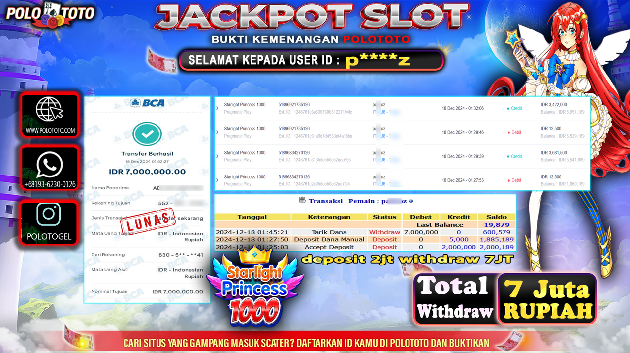 POLOTOTO JACKPOT SLOT STARLIGHT PRINCESS 1000 Rp.7,000.000,-