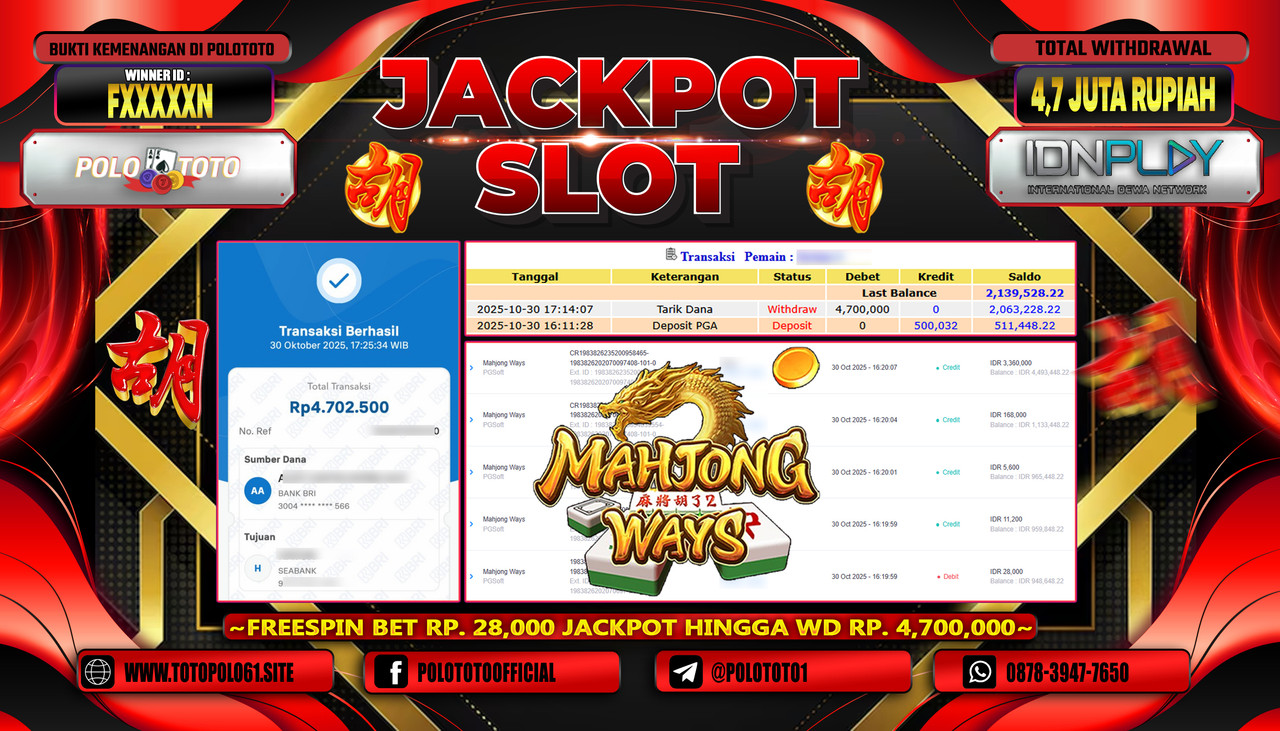 POLOTOTO JACKPOT SLOT MAHJONG WAYS Rp.4.700.000,- LUNAS