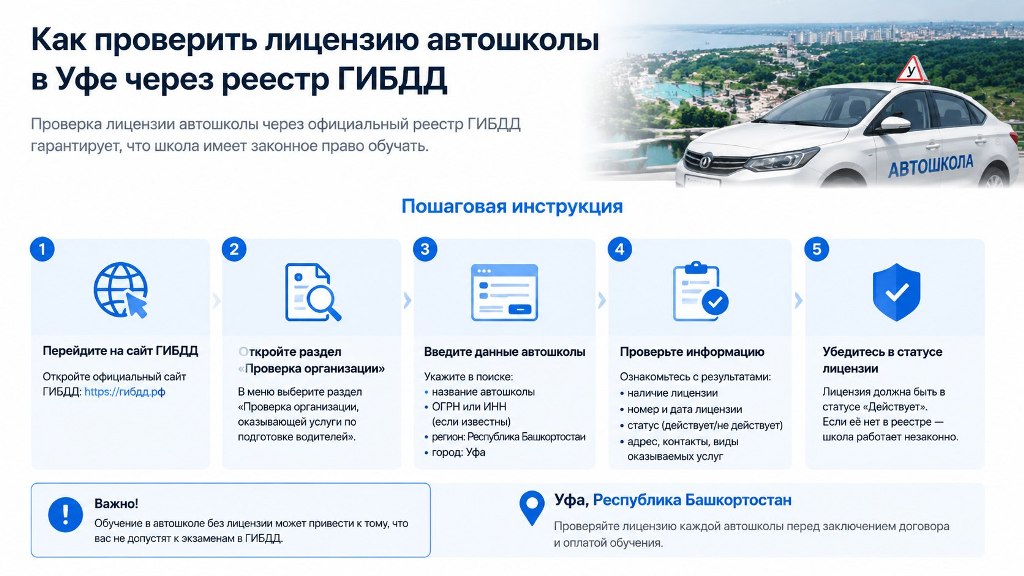 Как проверить лицензию автошколы в Уфе через реестр ГИБДД