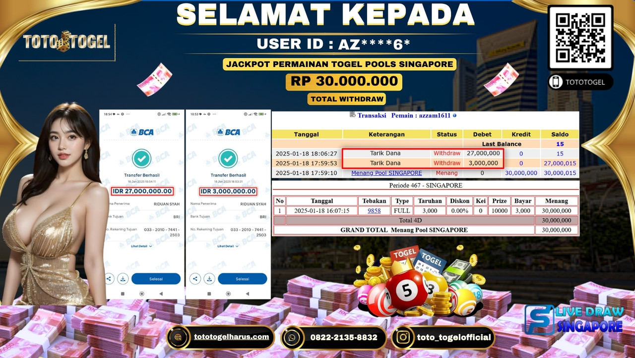 Bukti Pembayaran Jackpot  Permainan Togel Pool Singapure  :AZ***6*  LUNAS