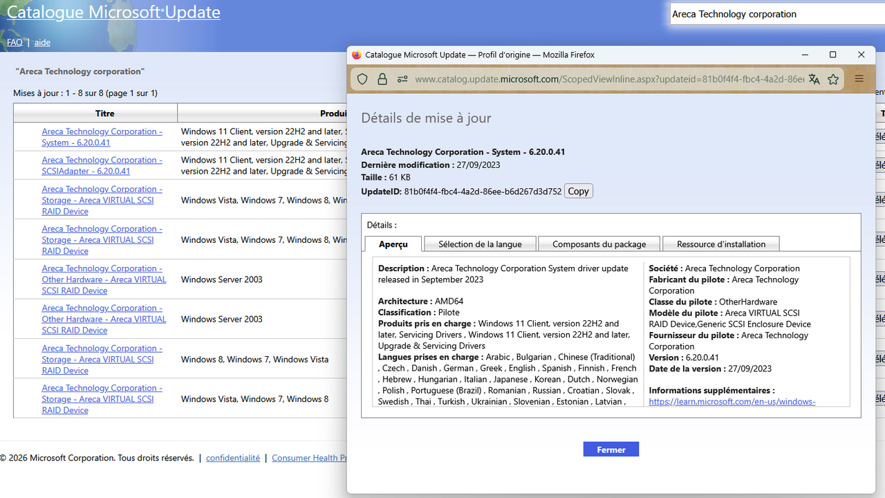 Capture d écran Catalog Msoft Areca technologie pilote 2026 03 01 101207