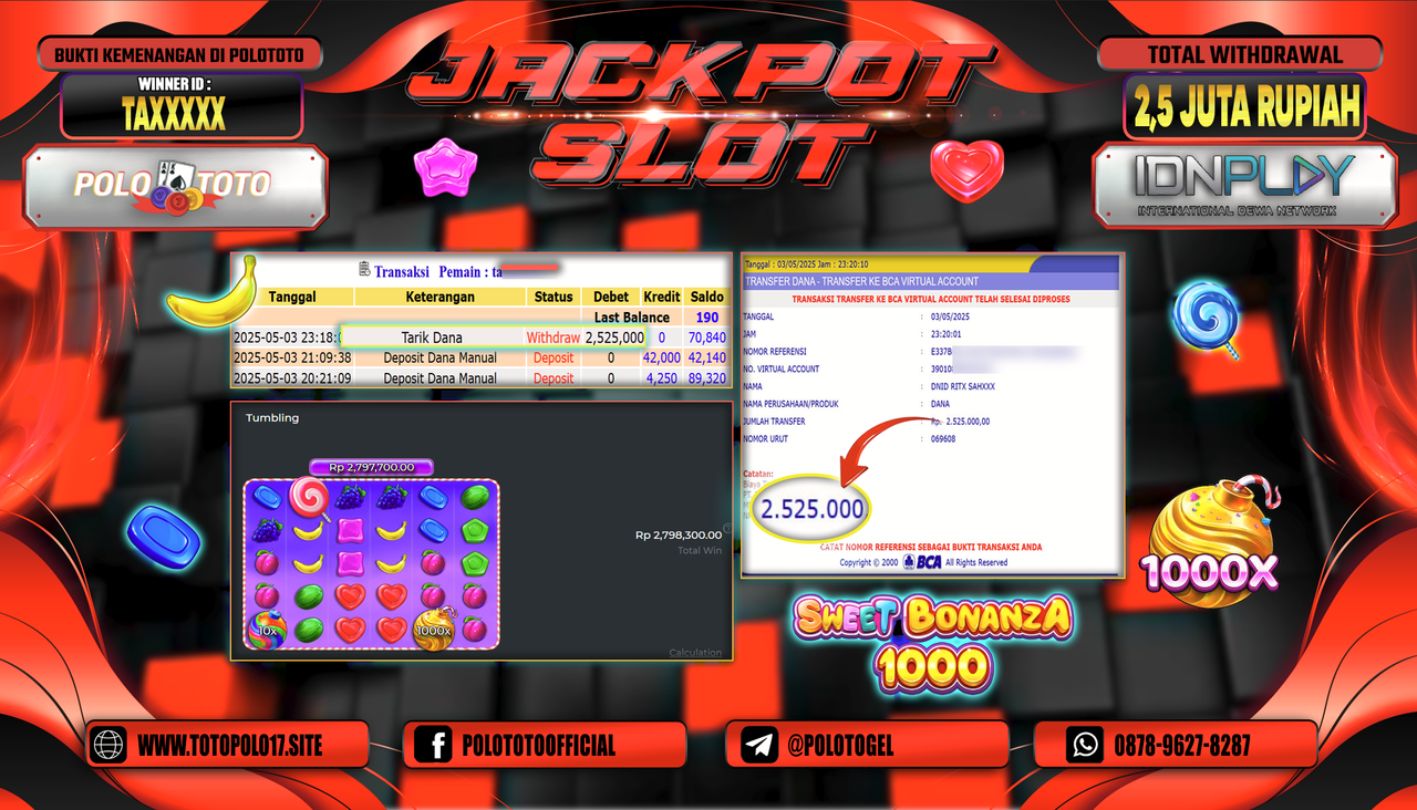 POLOTOTO JACKPOT SLOT SWEET BONANZA 1000 Rp.2.525.000,-