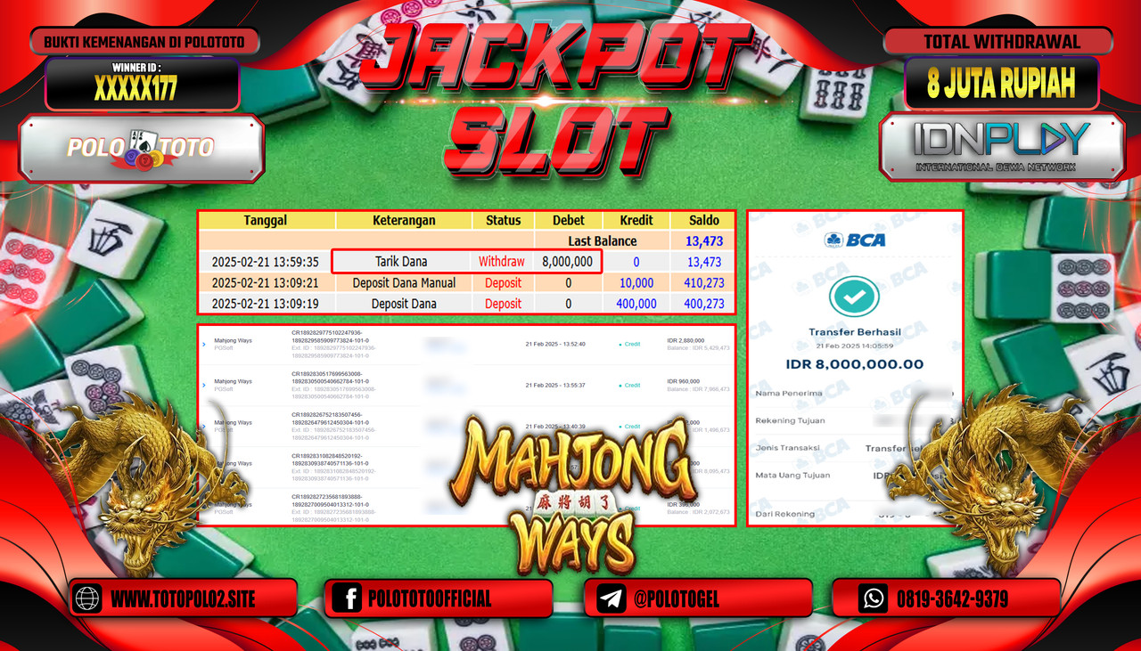 POLOTOTO JACKPOT SLOT MAHJONG WAYS Rp.8.000.000,-