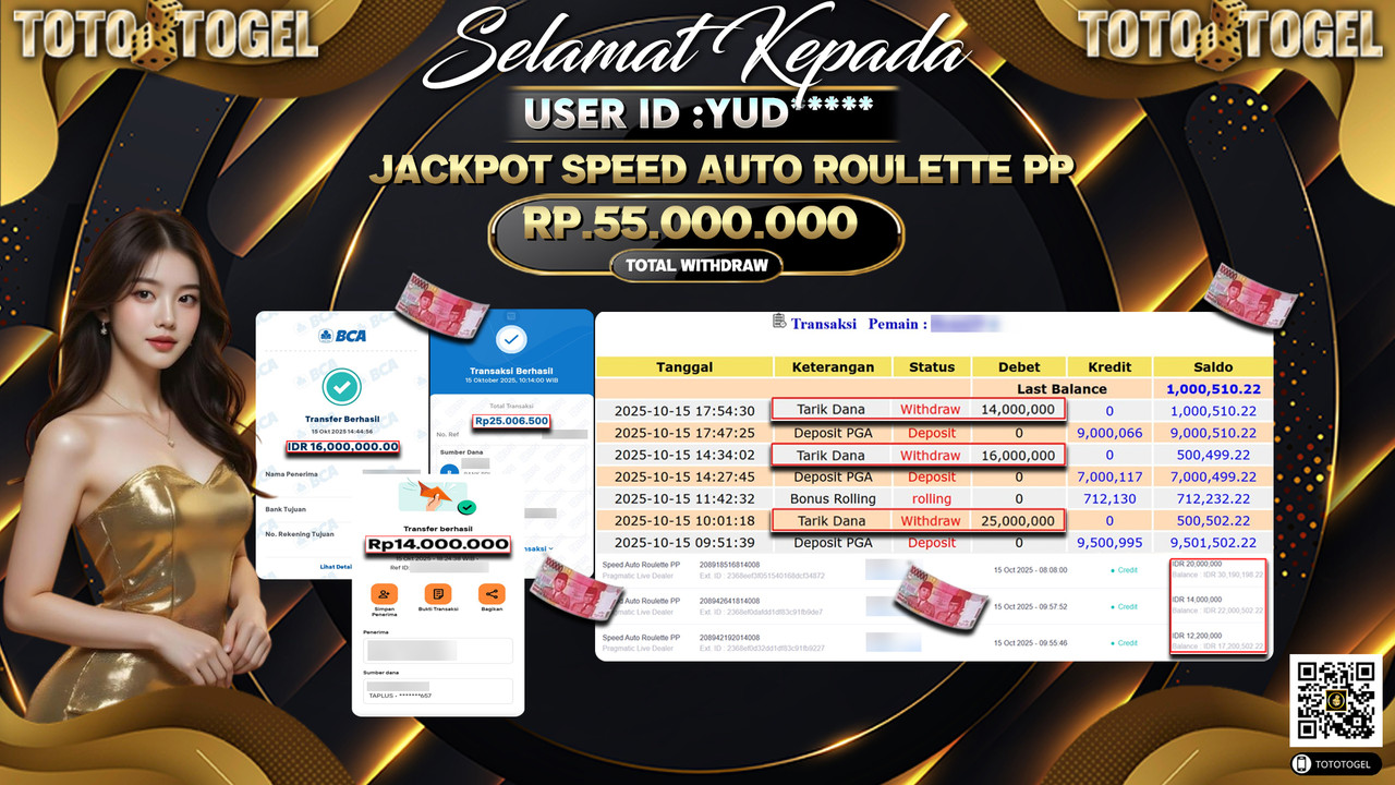Bukti Pembayaran Jackpot Permainan Live Dealer Speed Auto Roulette PP  ID:YUD**** LUNAS