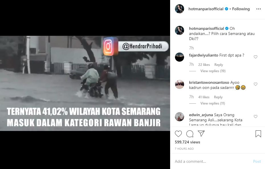 Hotman Paris membagikan video cara penanganan banjir di Kota Semarang