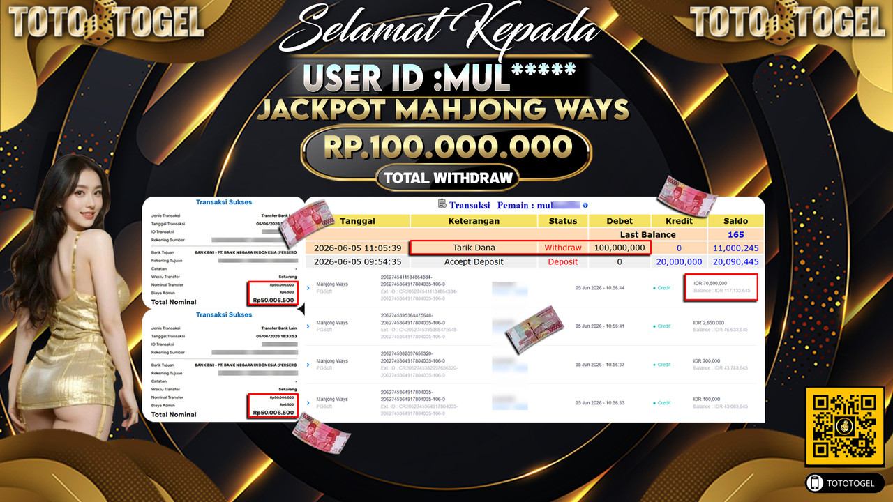 Bukti Pembayaran Jackpot Permainan Slot Mahjong Ways ID:MUL*****LUNAS