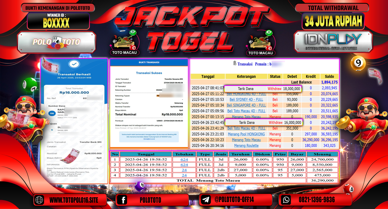 POLOTOTO JACKPOT TOGEL TOTO MACAU Rp.34.000.000,-