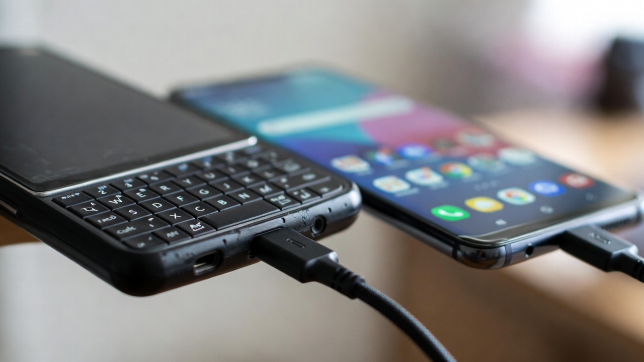 Close up of a USB-C cable connecting an old Android phone to a new Android phone