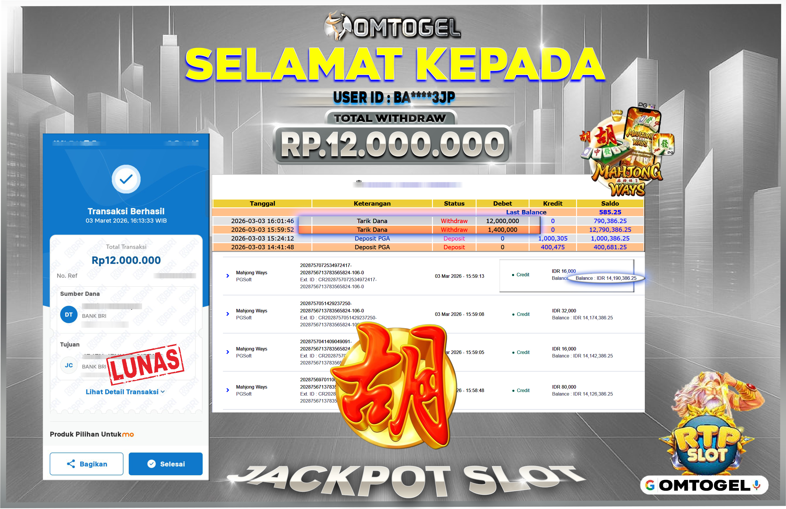 OMTOGEL JACKPOT PG SOFT MAHJONG WAYS, 12 JUTA DI BAYAR LUNAS ,-