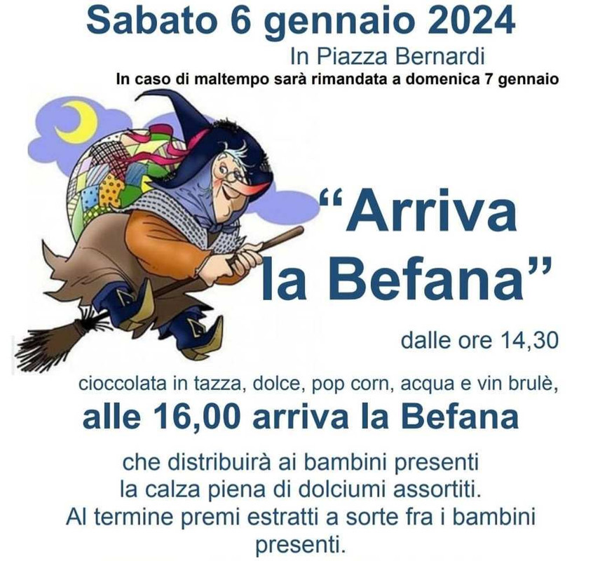 Sabato 6 gennaio arriva la Befana in Piazza Bernardi