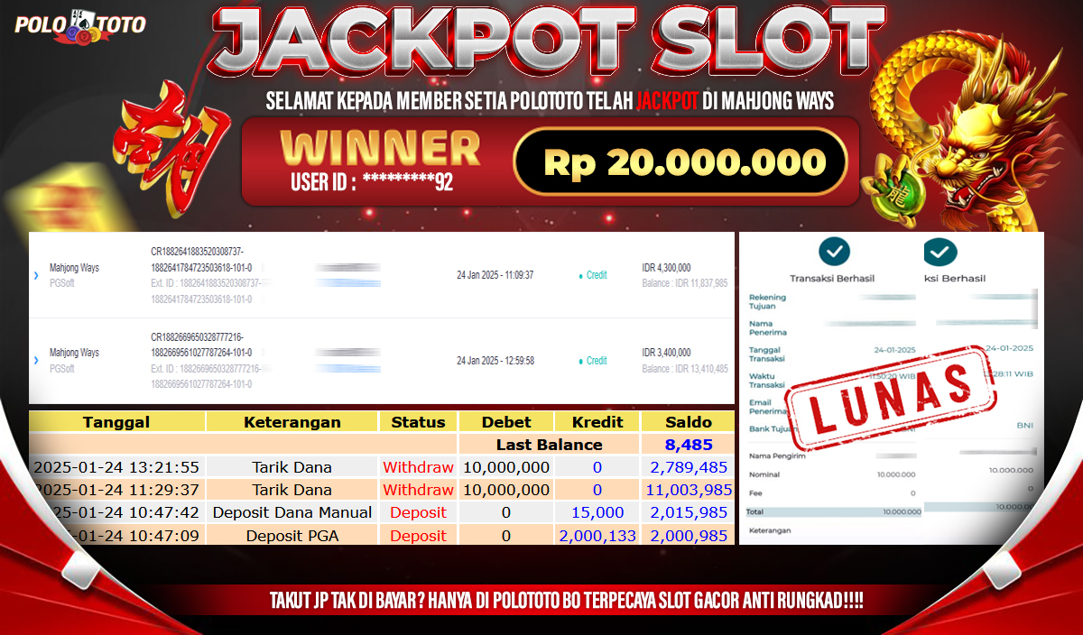 POLOTOTO JACKPOT SLOT MAHJONG WAYS Rp.20,000.000,- 