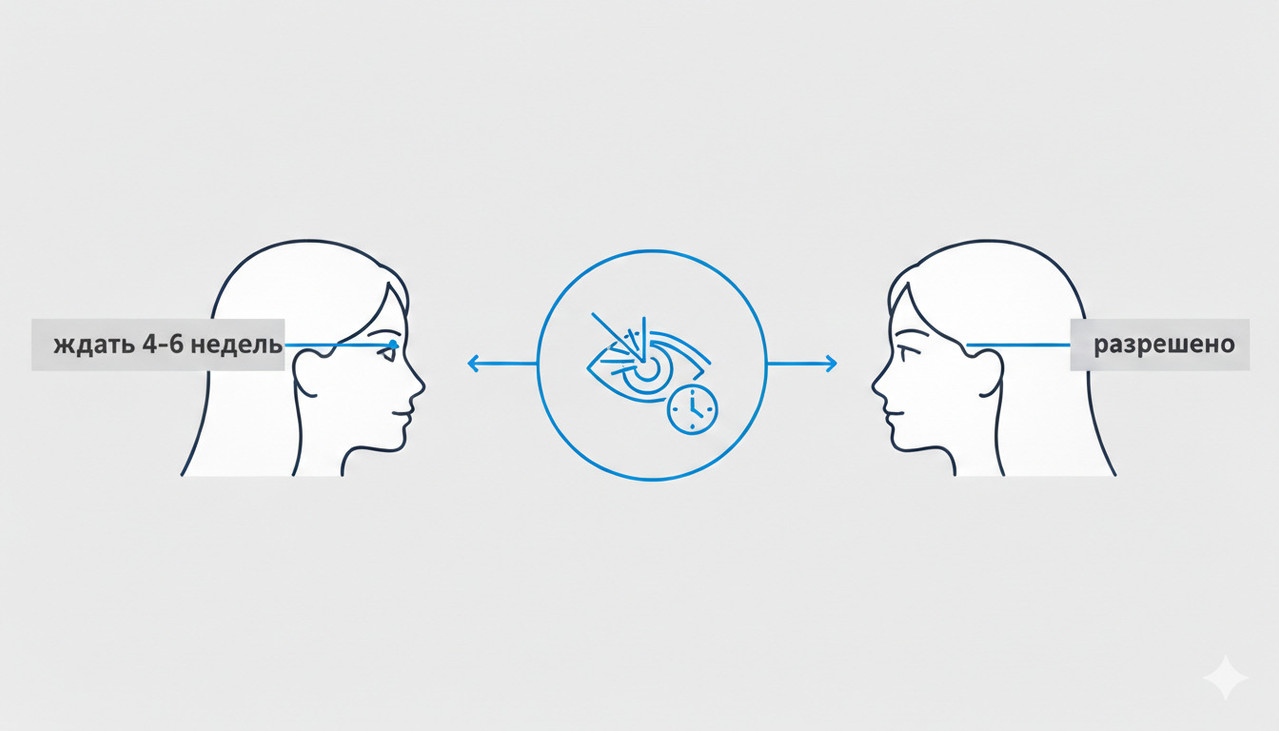 Схематичное сравнение временных ограничений на перманентный макияж до и после лазерной коррекции зрения