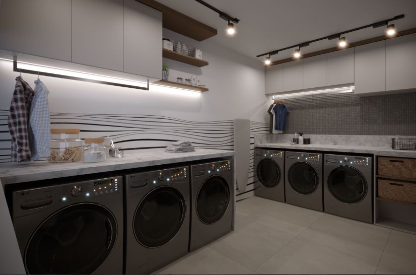 Lavanderia compartilhada do Vivant Residence com equipamentos modernos e praticidade