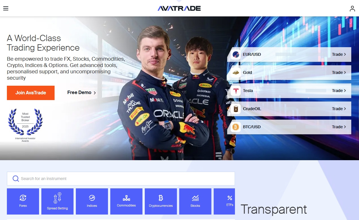 AvaTrade trading platform Netherlands with Red Bull Racing partnership and forex markets.