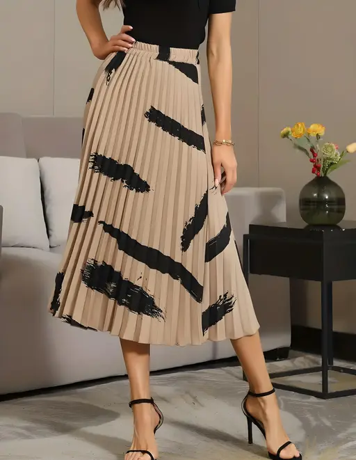 Skirt For Women | Brush Print Pleated Skirts, Vintage Elastic Waist Midi Skirts, Women's Clothing(Premium Quality) Color1 (R230)