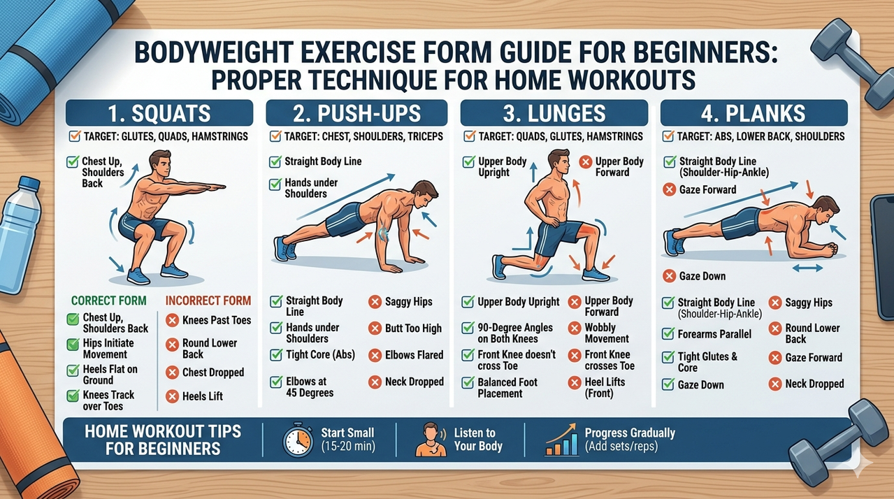 Bodyweight exercise form guide showing proper technique for squats push-ups lunges planks for home workout routine for beginners