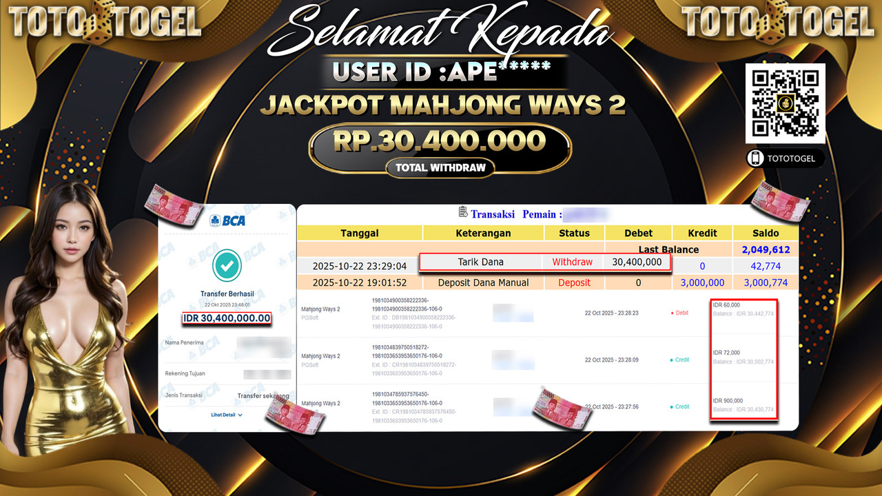 Bukti Pembayaran Jackpot Permainan Slot Mahjong Ways 2 ID:APE**** LUNAS