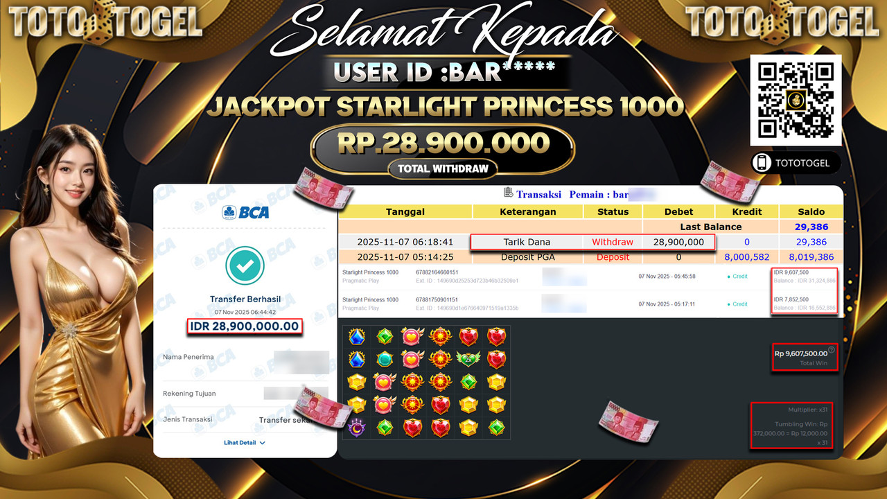 Bukti Pembayaran Jackpot Permainan Slot Starlight Princess 1000 ID:BAR**** LUNAS