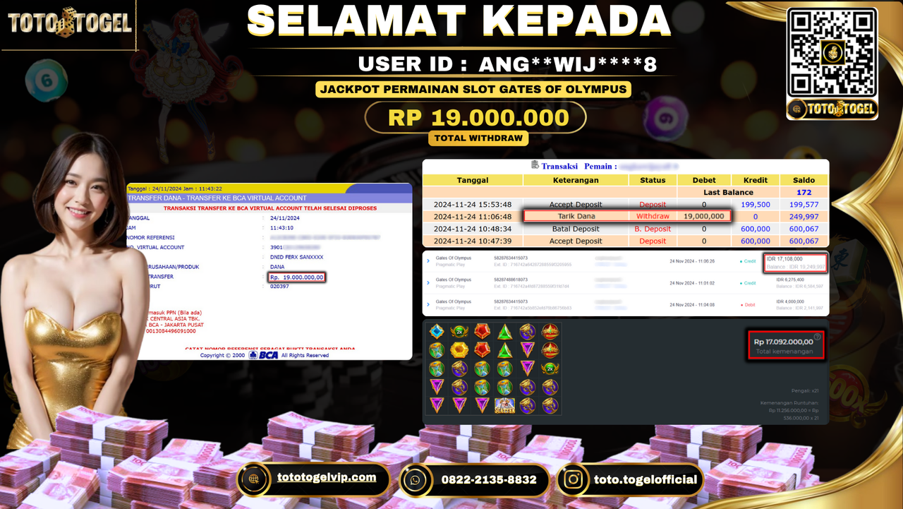 Bukti Pembayaran Jackpot Permainan Slot Gates Of Olympus  ID: ANG**WIJ****8 LUNAS 