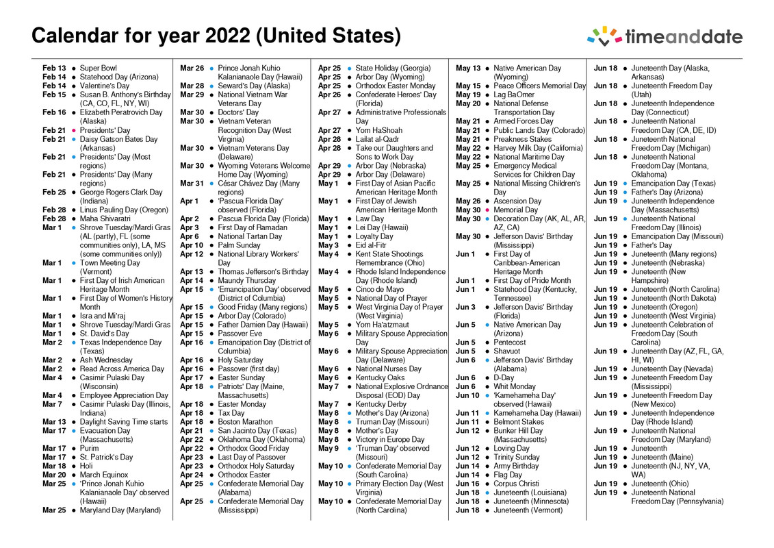 Us Calender 2022 With Holiday List