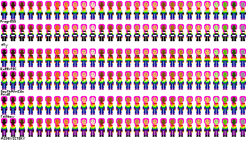 a row of people with pride flag shirts and dark pink hair