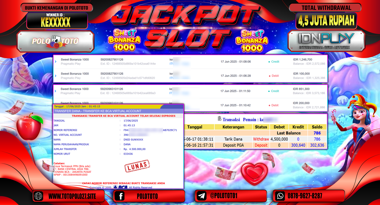 POLOTOTO JACKPOT SLOT SWEET BONANZA 1000 Rp.4.500.000,-