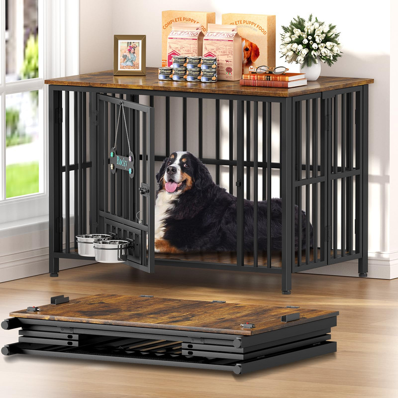 EasyCom Foldable Dog Crate Furniture with Adjustable Bowls