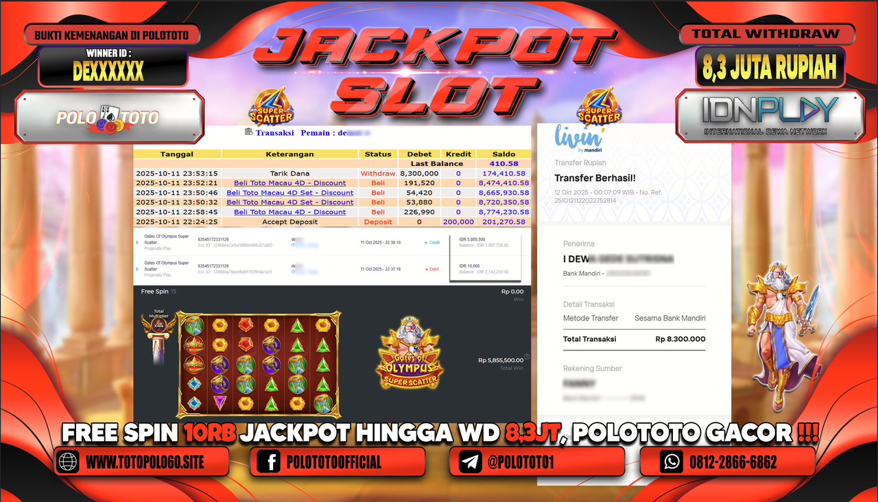 POLOTOTO JACKPOT SLOT GATES OF OLYMPUS SUPER SCATTER Rp.8.300.000,- LUNAS