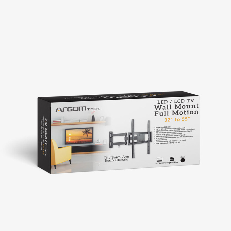 Empaque del soporte de pared Argom mostrando su capacidad de carga y compatibilidad VESA.