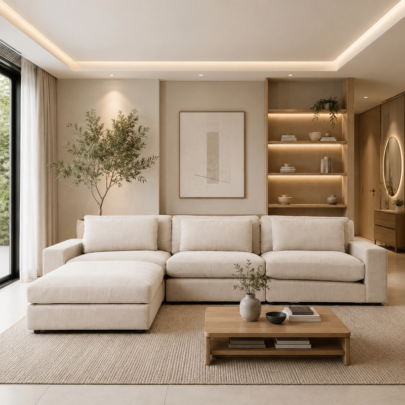 كنبة زاوية رُكنة على شكل حرف L تنجيد مريح - اللون بيج - مقاس 250 / 160 × 90 × 80 سم