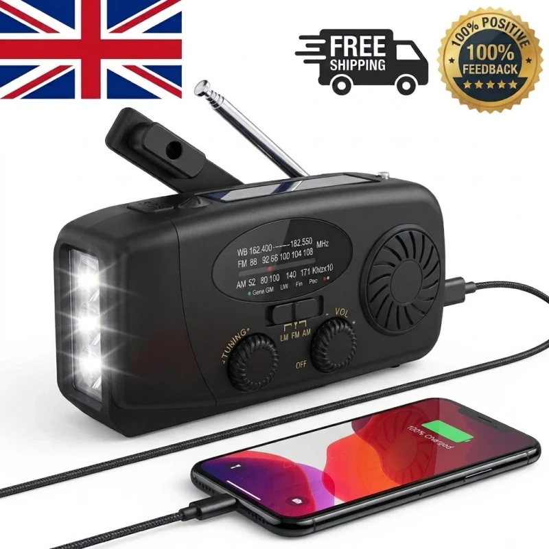 Emergency wind-up solar radio with AM FM receiver, LED torch and power bank features