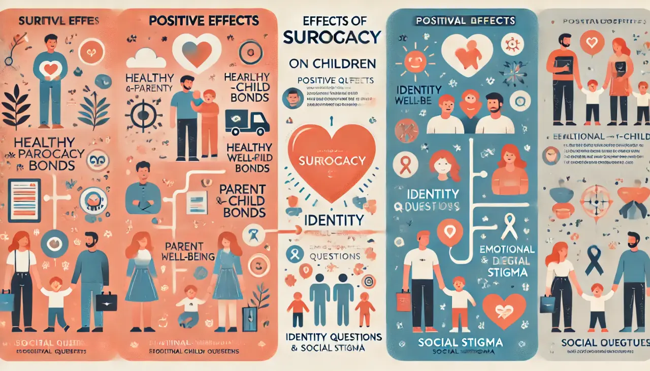 Effects of surrogacy on children, highlighting positive family bonds and challenges like identity issues.