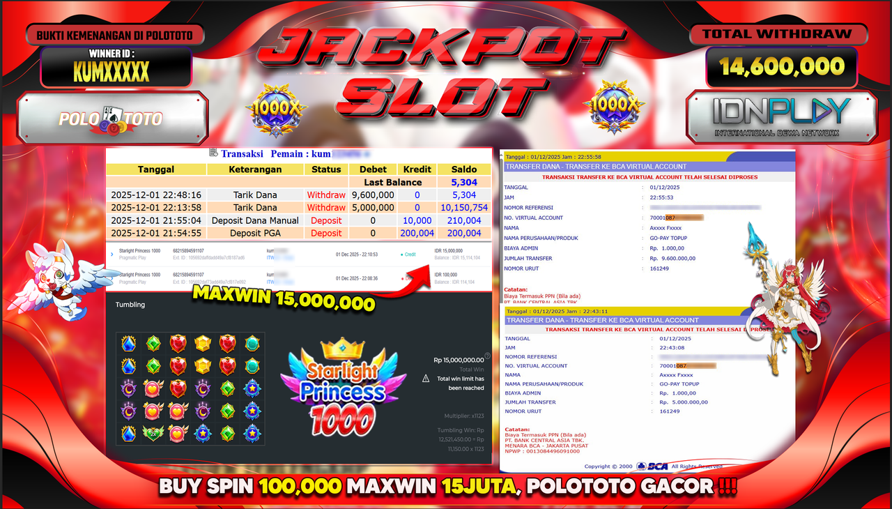 POLOTOTO JACKPOT SLOT STARLIGHT PRINCESS 1000 Rp.14.600.000,- LUNAS