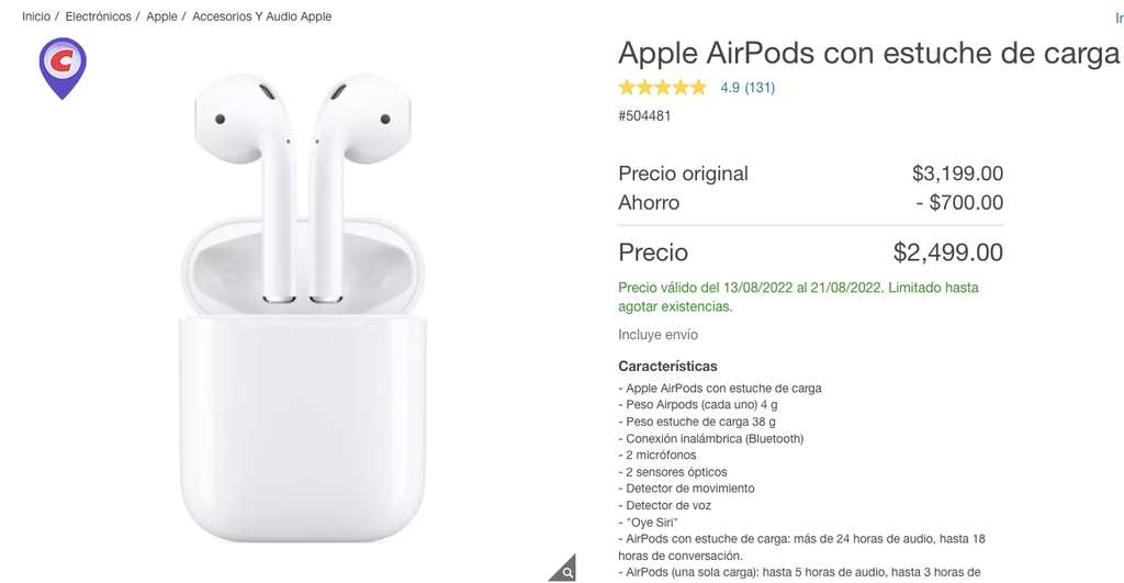 Costco: Apple AirPods con estuche de carga 
