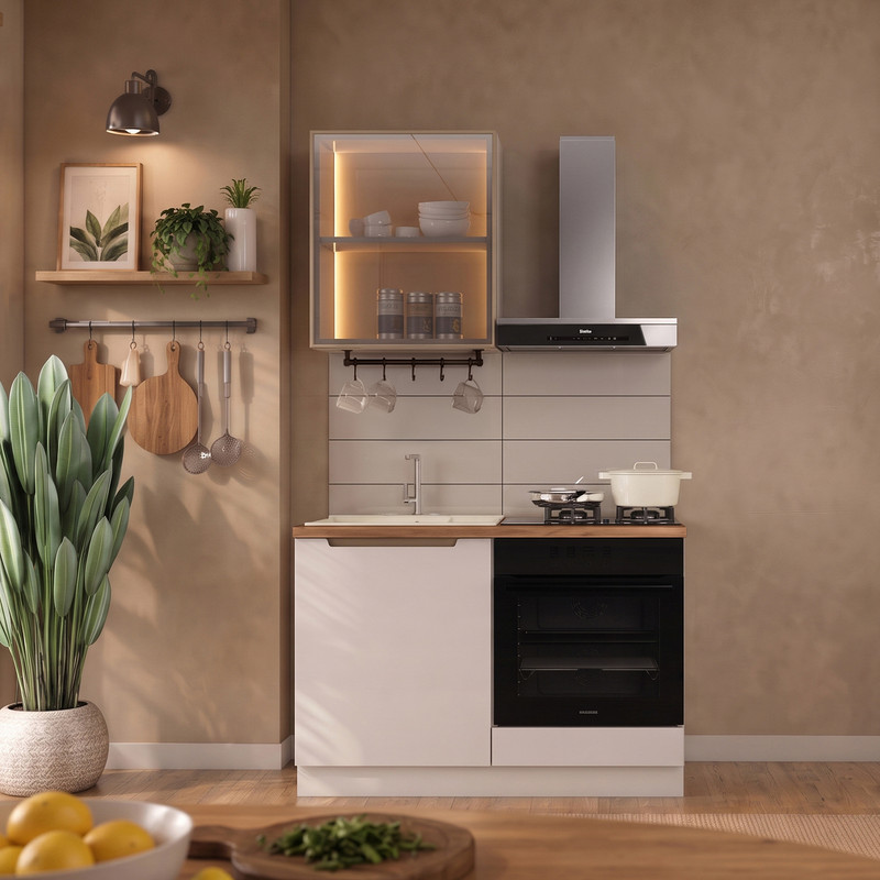 Hera 120 cm Mutfak Dolabı Seti %100 MDF Ledli Fırın Modüllü Lavabolu Mutfak Dolabı Takımı 3 Modül Tezgah Dahil Bej
