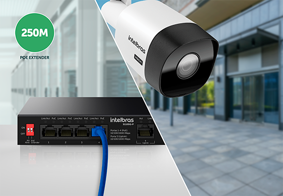 Switch Intelbras S1105G-P com destaque para o alcance PoE