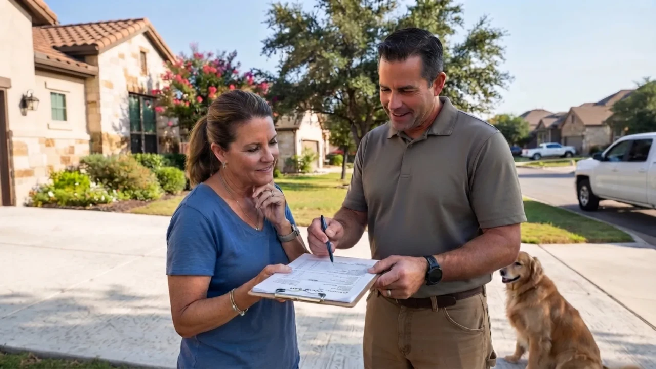 Contractor reviewing a written driveway quote with a homeowner in San Antonio