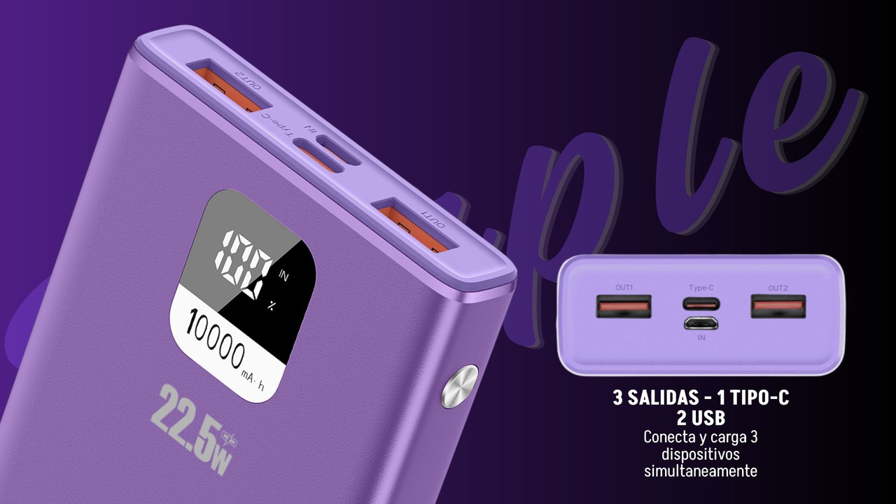 Power Bank Master-G 10000mAh 22.5W Carga Rápida Pantalla LCD Morado UCP10MPD 2