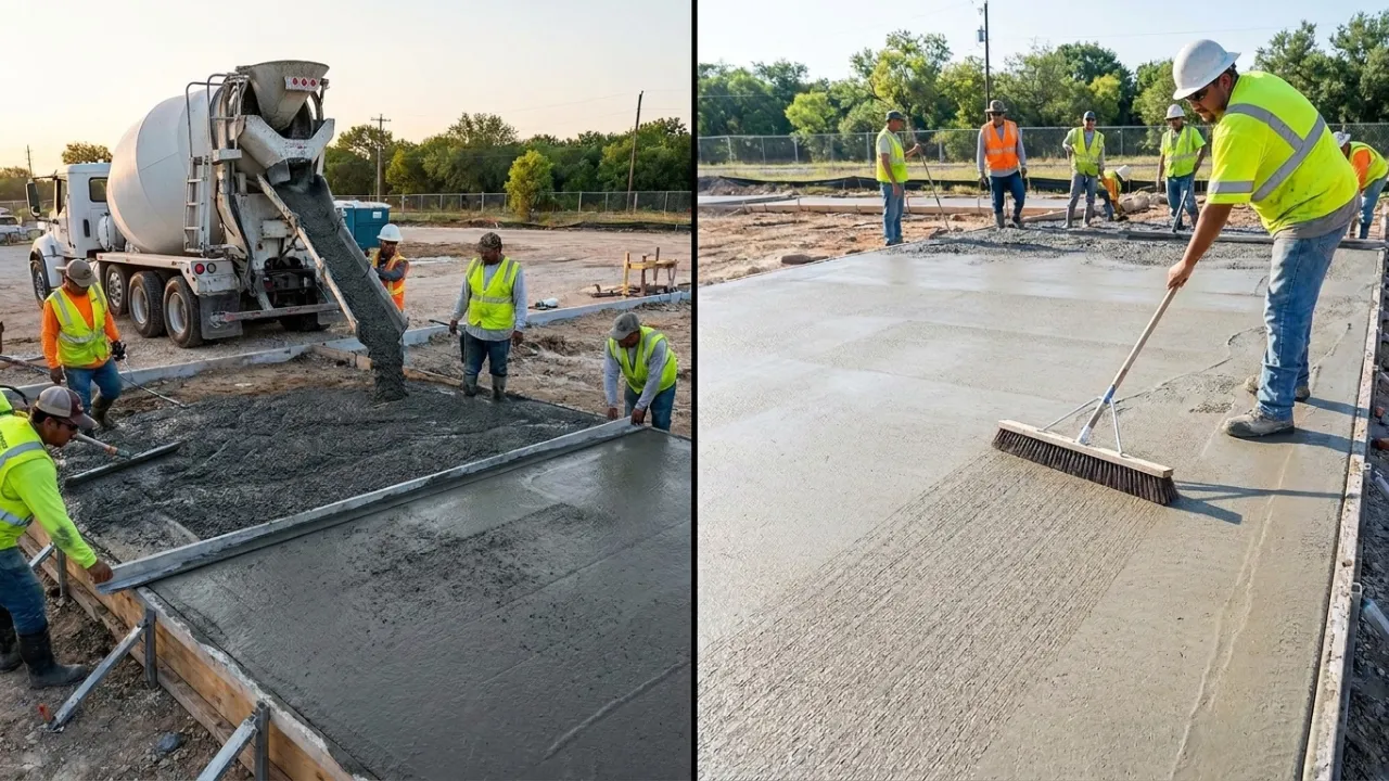Concrete truck discharging mix into residential driveway forms in San Antonio, TX — crew screeding and finishing the slab on a compacted crushed-stone base with rebar already in place, installed by Affordable Concrete San Antonio