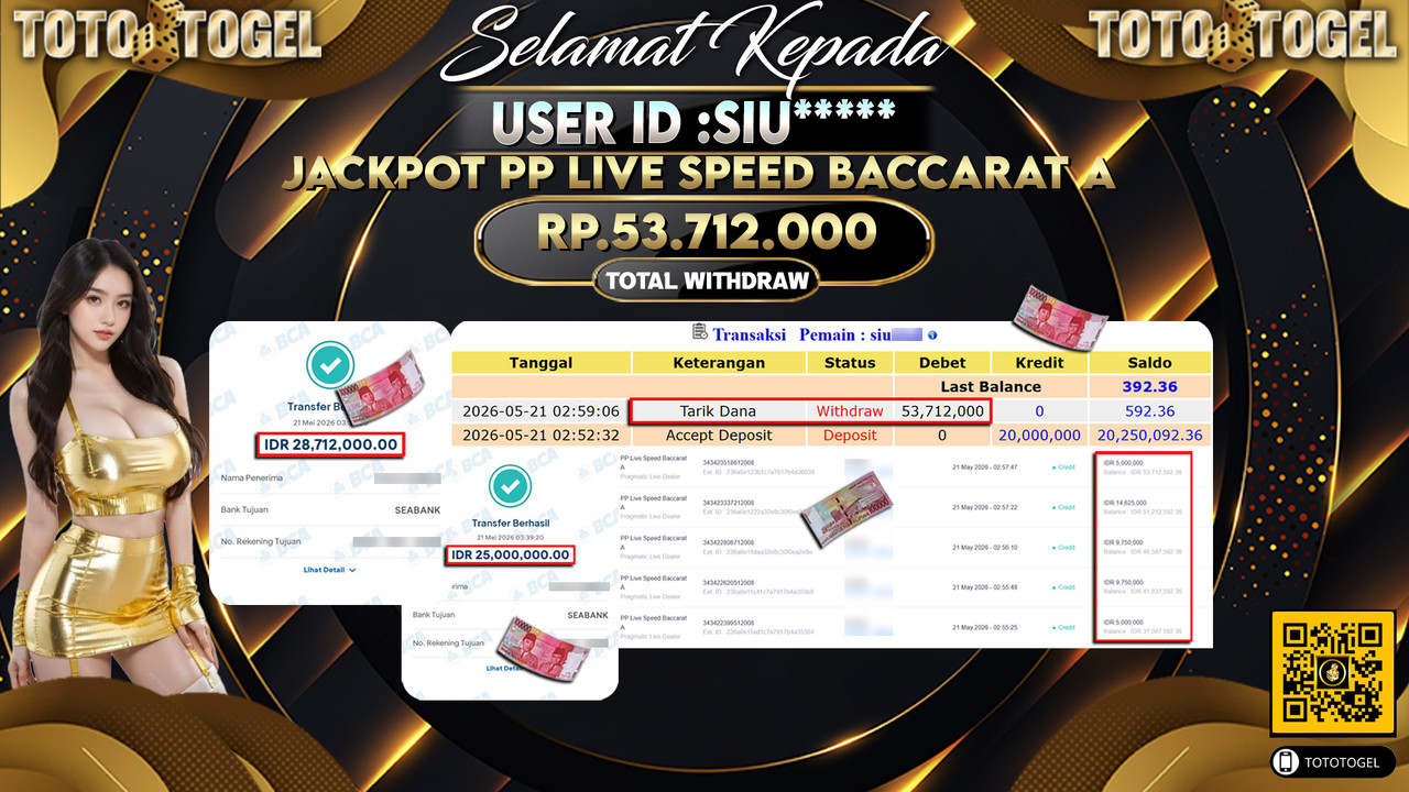 Bukti Pembayaran Jackpot Permainan Pragmatic Live PP Live Speed Baccarat A ID:SIU***** LUNAS