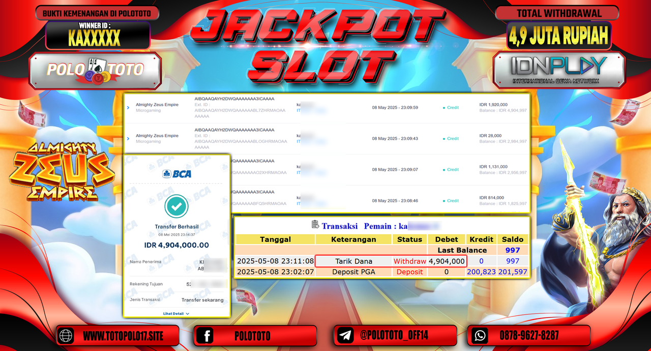 POLOTOTO JACKPOT SLOT ALMIGHTY ZEUS EMPIRE Rp.4.904.000,-