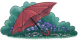 A red umbrella laying in front of a bush upon a patch of purple flowers, while it rains.