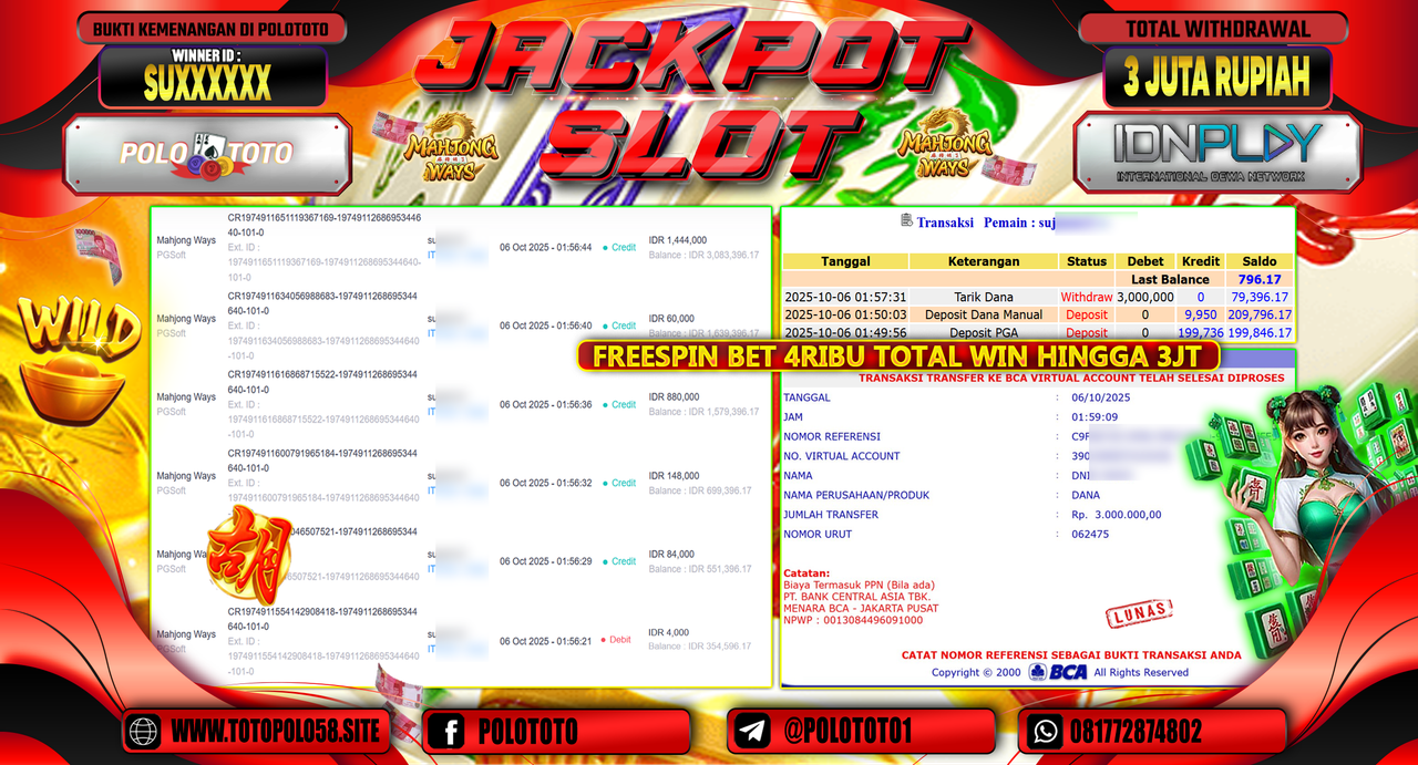 POLOTOTO JACKPOT SLOT MAHJONG WAYS Rp.3.000.000,- LUNAS