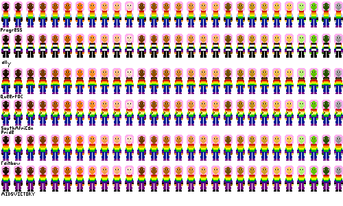 a row of people with pride flag shirts and light pink hair