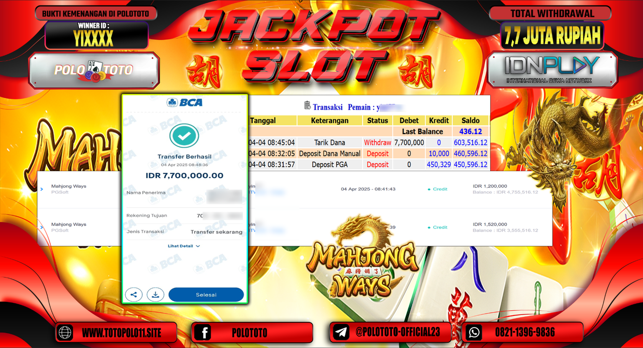 POLOTOTO JACKPOT SLOT MAHJONG WAYS  Rp.7.700.000,-
