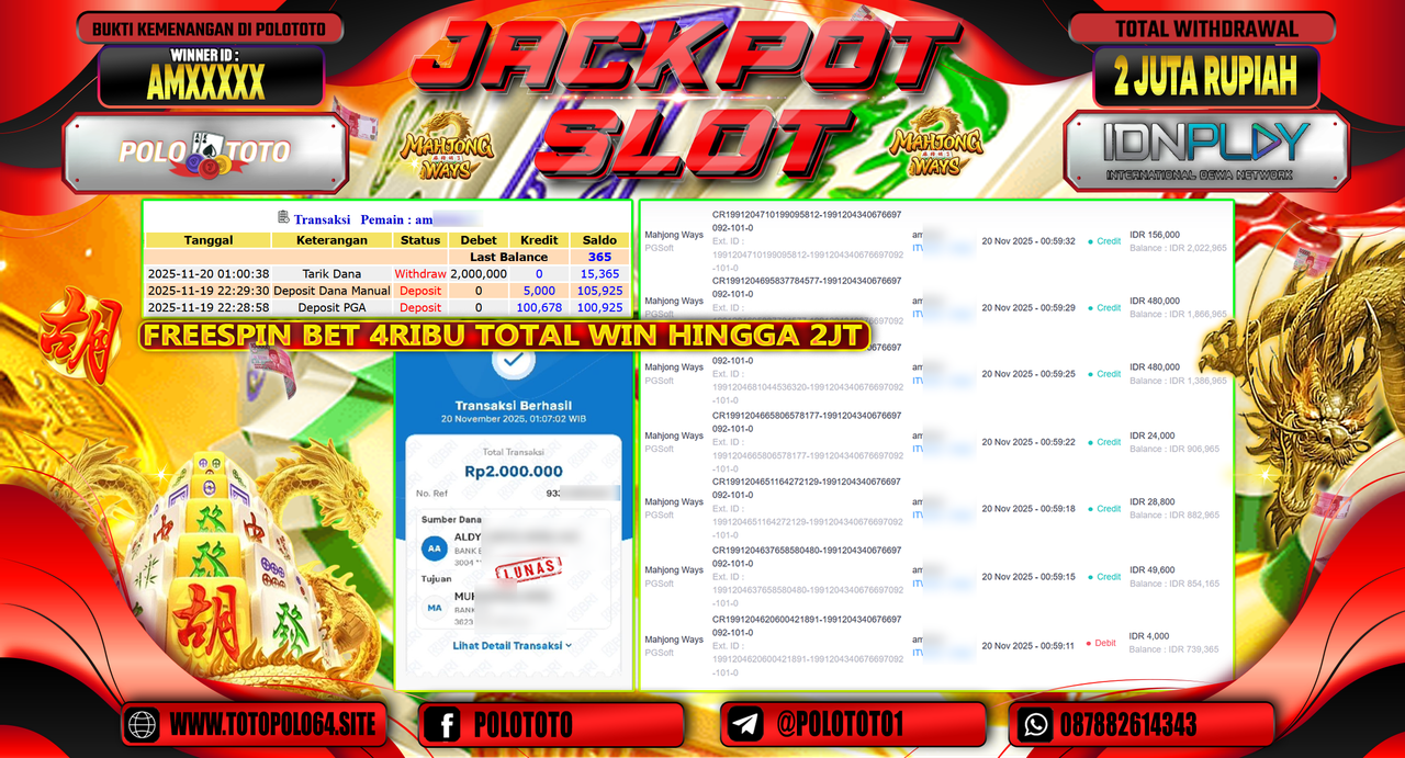 POLOTOTO JACKPOT SLOT MAHJONG WAYS Rp.2.000.000,- LUNAS