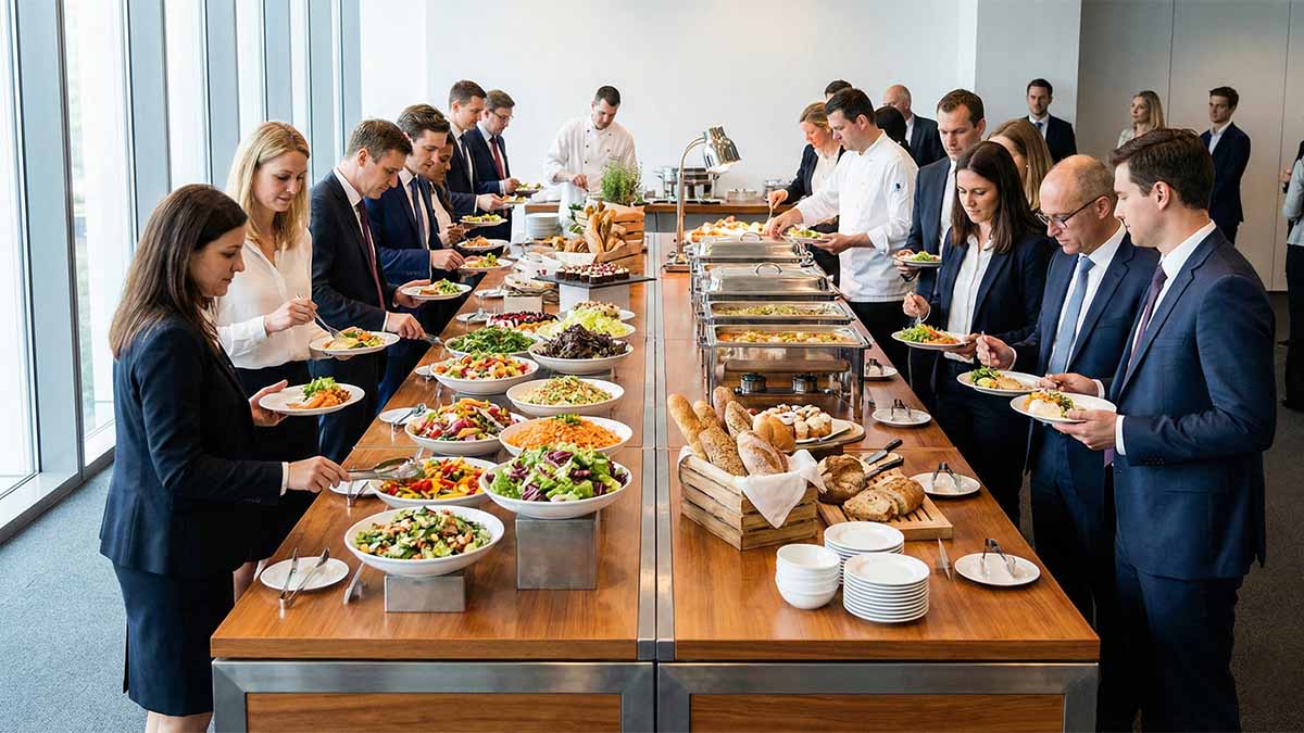 Организация буфетной линии с доступом с двух сторон для ускорения обслуживания.