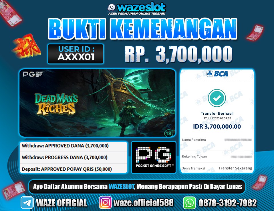 BUKTI KEMENANGAN 17 JULI 2025 DI GAME DEAD MAN'S RICHES ( PG SOFT )